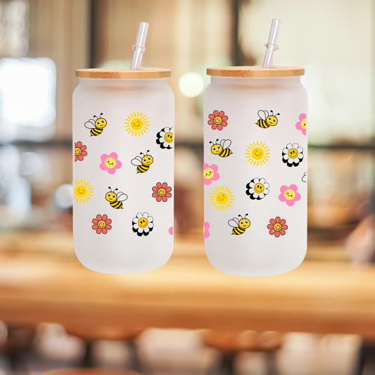Flower & Bee Frosted Glass Cup – 16oz / 20oz – With Bamboo Lid & Glass Straw