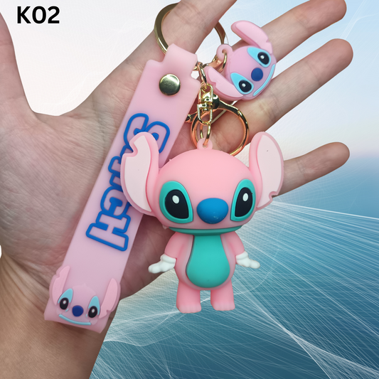 Adorable Pink Stitch Keychain with Strap – Cute Cartoon Bag Charm & Gift Idea