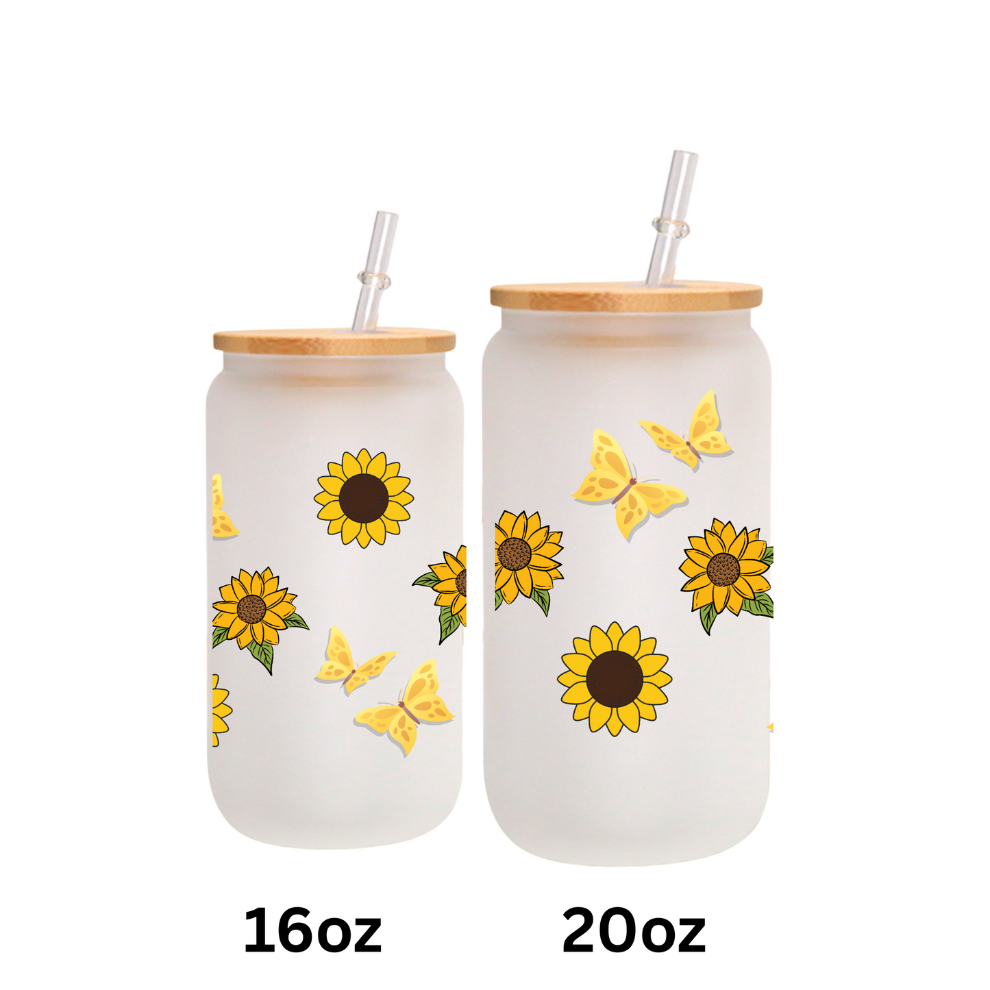 Sunflower & Butterfly Frosted Glass Can with Bamboo Lid and Straw – 16oz/20oz