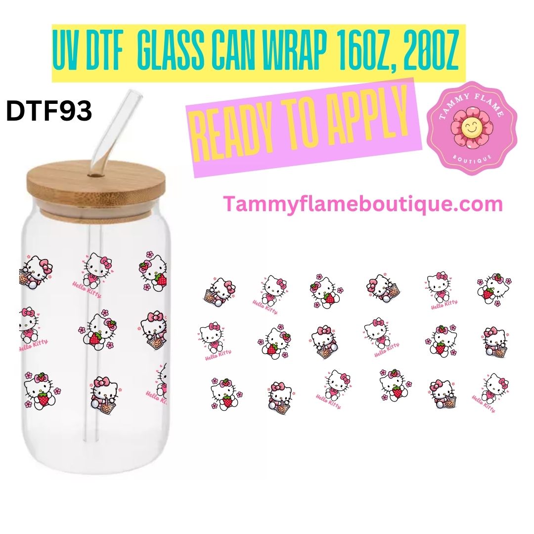 Cute UV DTF Glass Can Wrap Decal for 16oz 20oz – Ready to Apply – Strawberry, Cherry, Pink Bow & Kitty Designs
