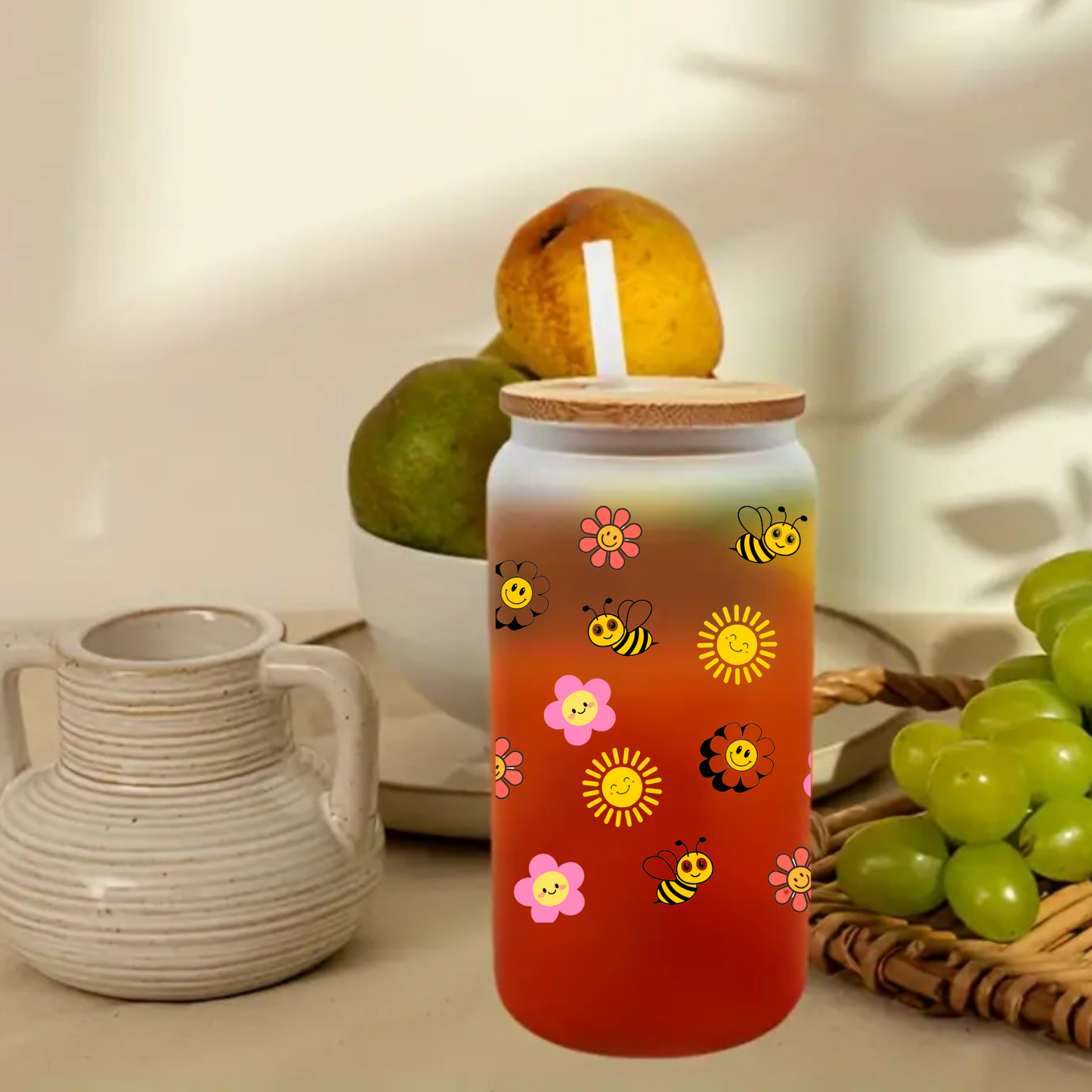 Flower & Bee Frosted Glass Cup – 16oz / 20oz – With Bamboo Lid & Glass Straw