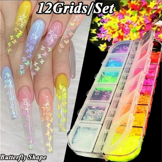 12 Grids Butterfly Nail Art Glitter – Colorful Iridescent Flakes Nail Decoration Set