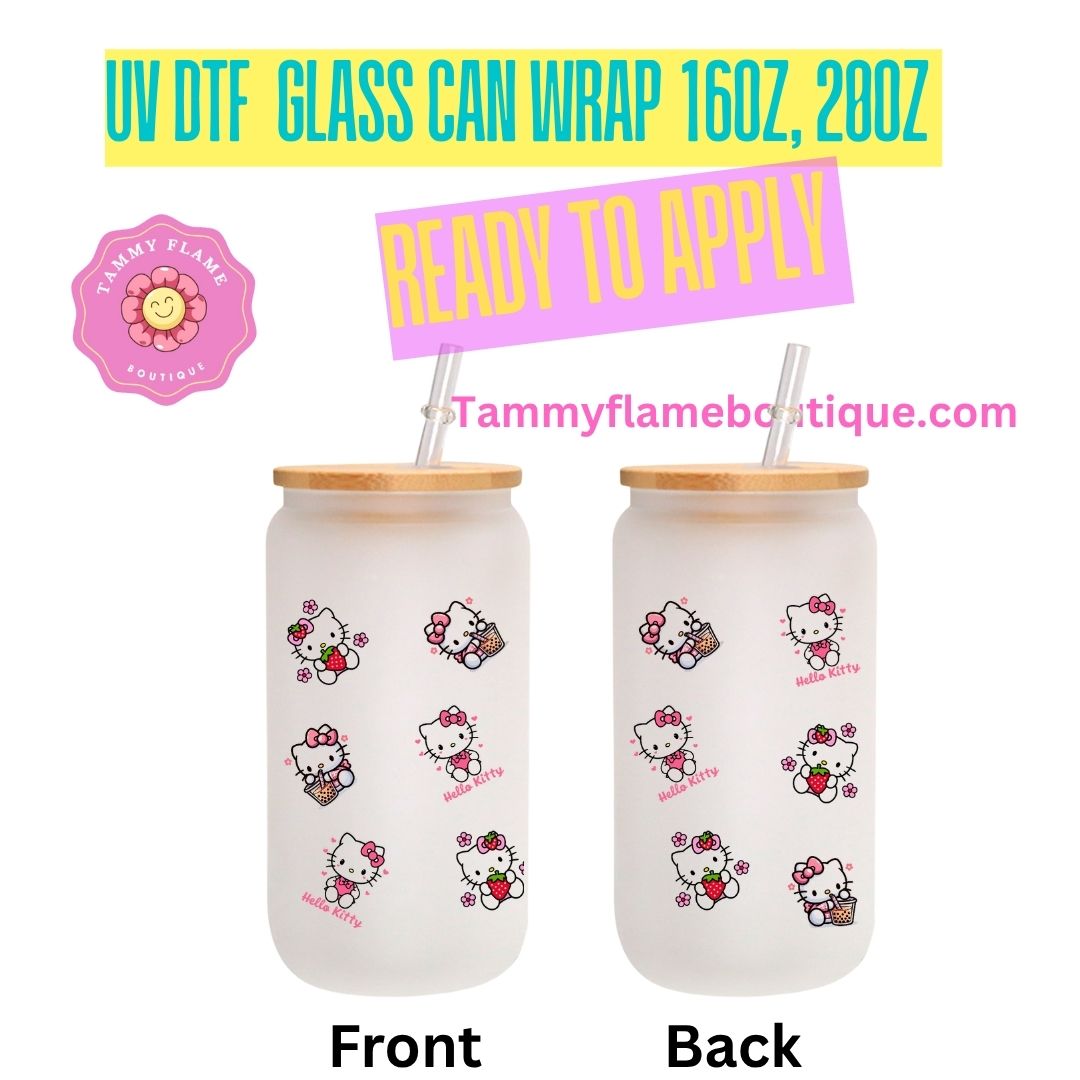 Cute UV DTF Glass Can Wrap Decal for 16oz 20oz – Ready to Apply – Strawberry, Cherry, Pink Bow & Kitty Designs