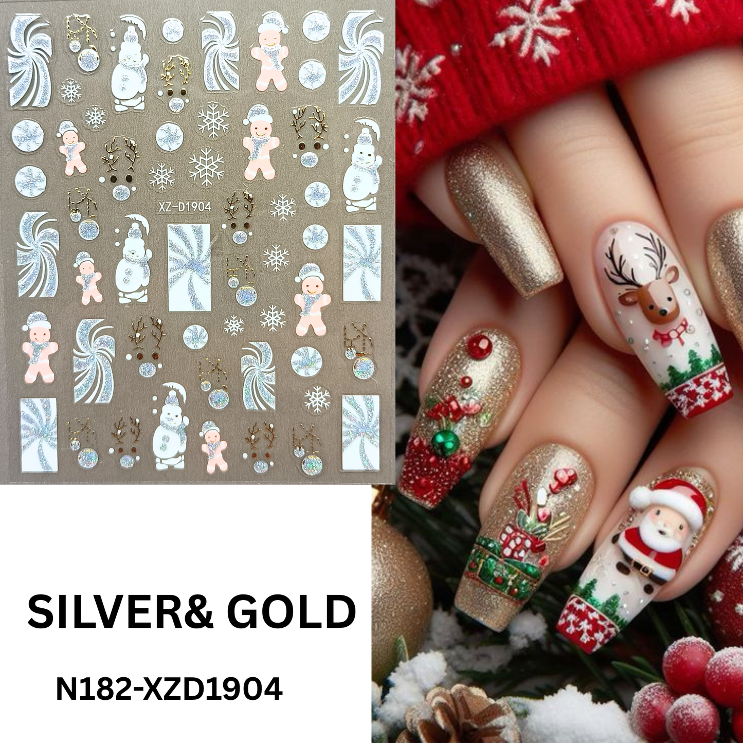 Christmas Reindeer & Candy Cane 3D Nail Decals – Holiday Nail Art Stickers