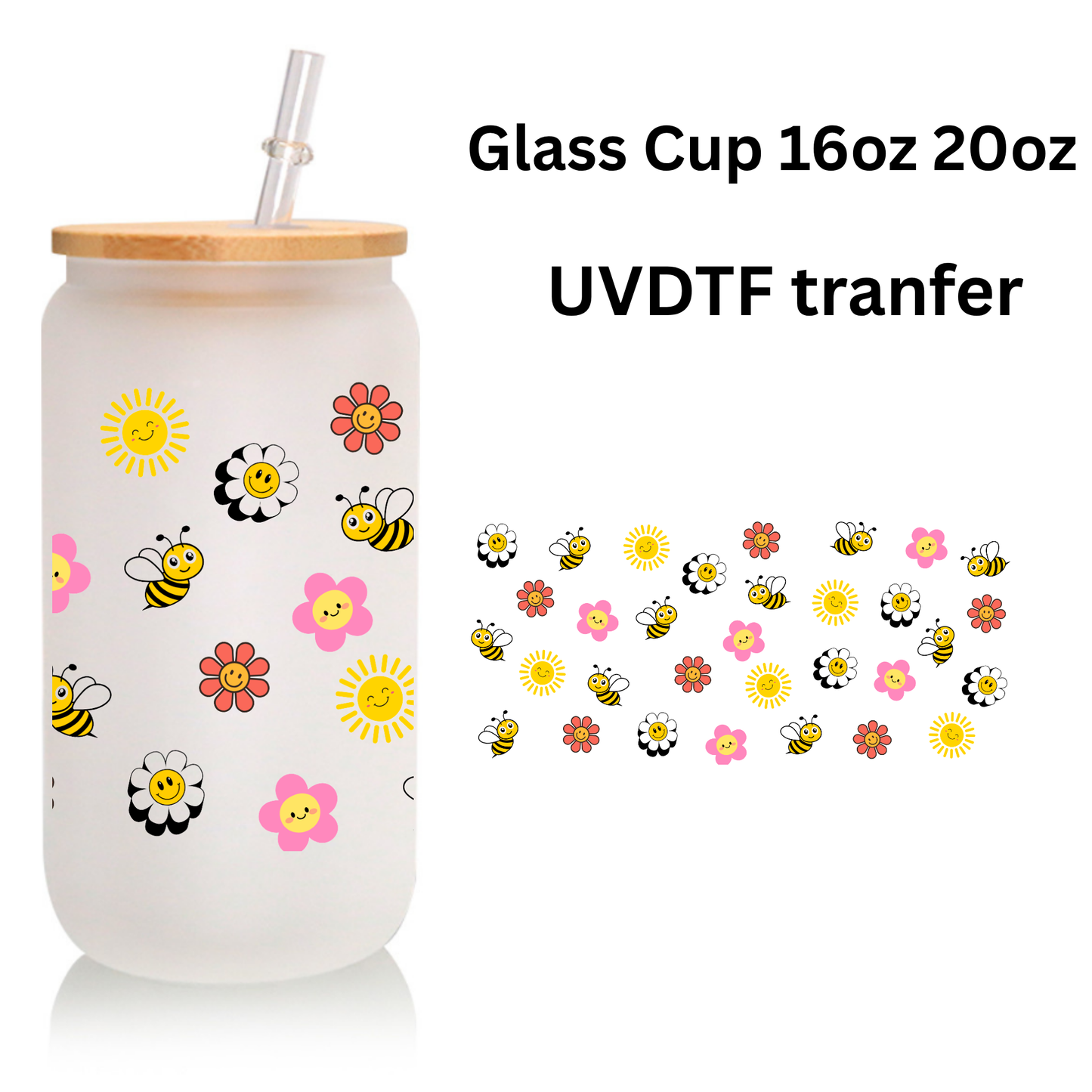 Flower & Bee Frosted Glass Cup – 16oz / 20oz – With Bamboo Lid & Glass Straw