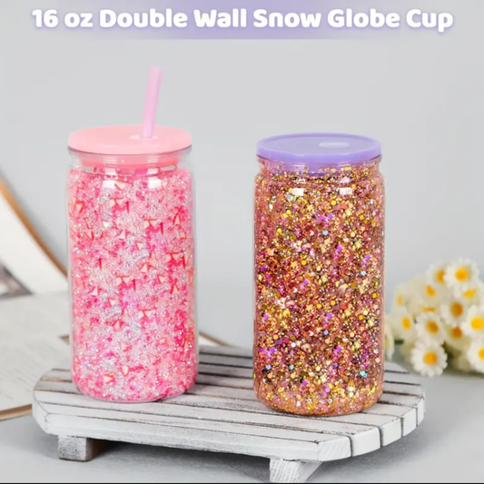 Double Wall Snow Globe Tumbler Glass Can Cup Lid Straw Glitter Shimmer Travel Mug Cold Drink