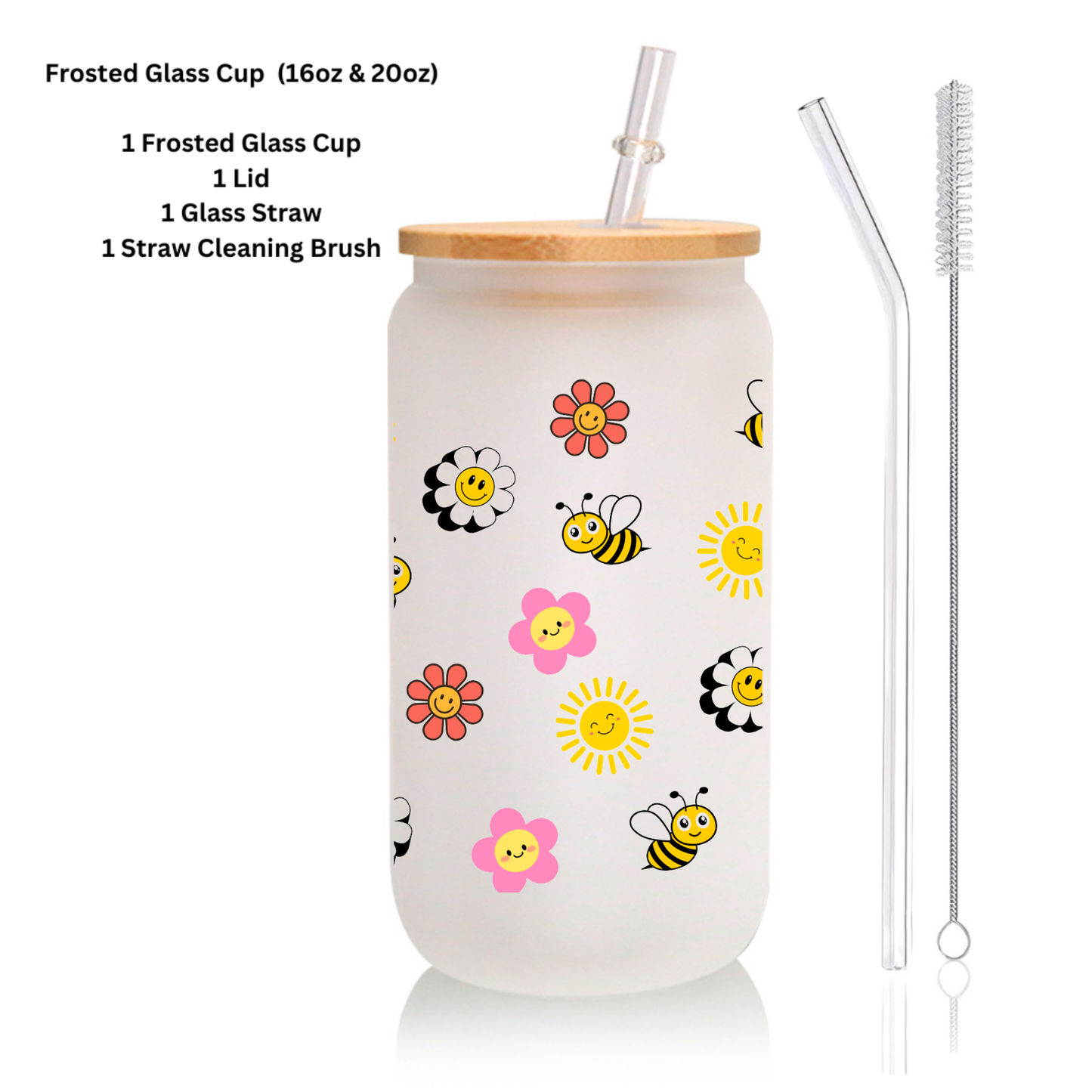 Flower & Bee Frosted Glass Cup – 16oz / 20oz – With Bamboo Lid & Glass Straw