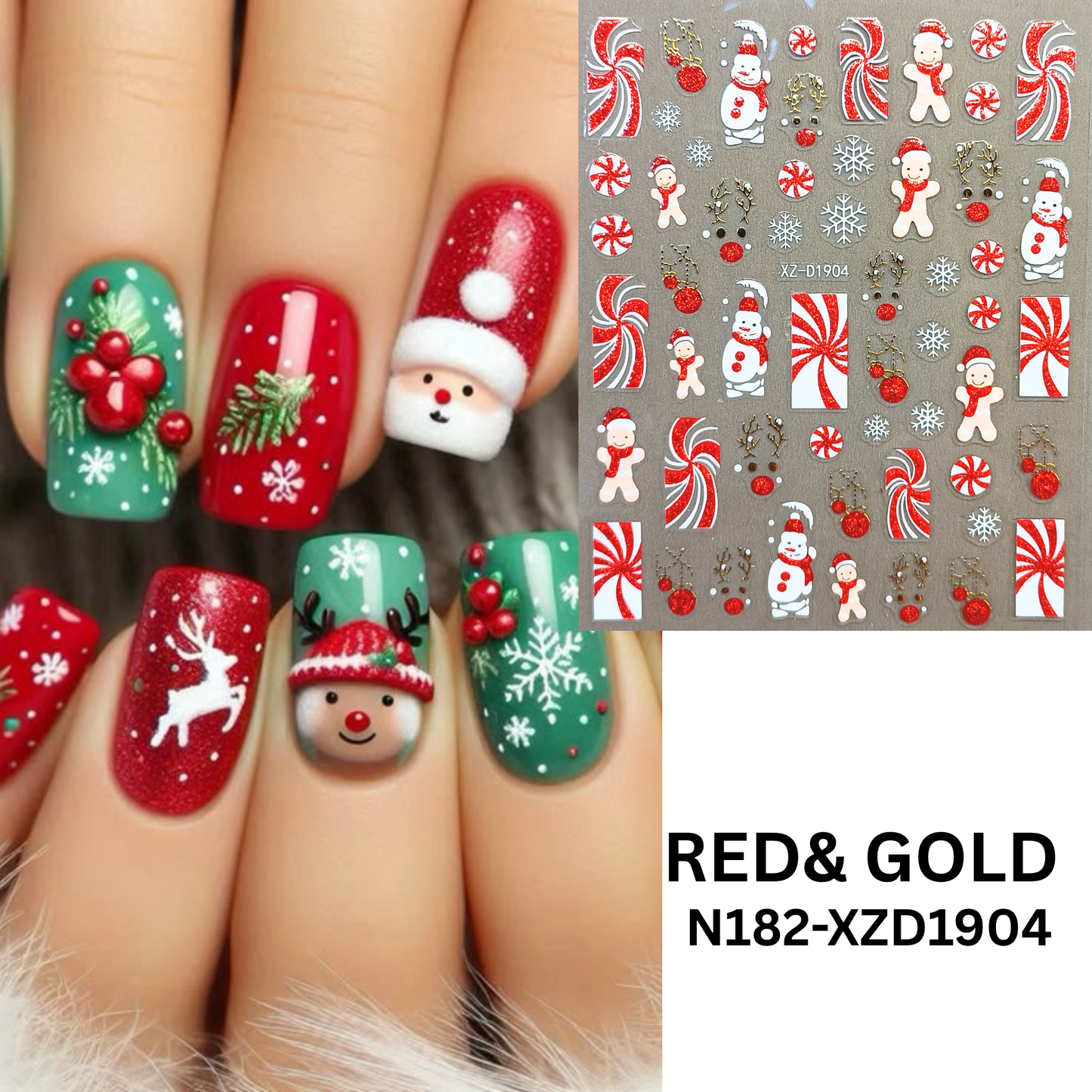 Set of 12 Christmas 3D Nail Decals – Holiday Reindeer, Candy Cane, Santa & Snowflake Designs