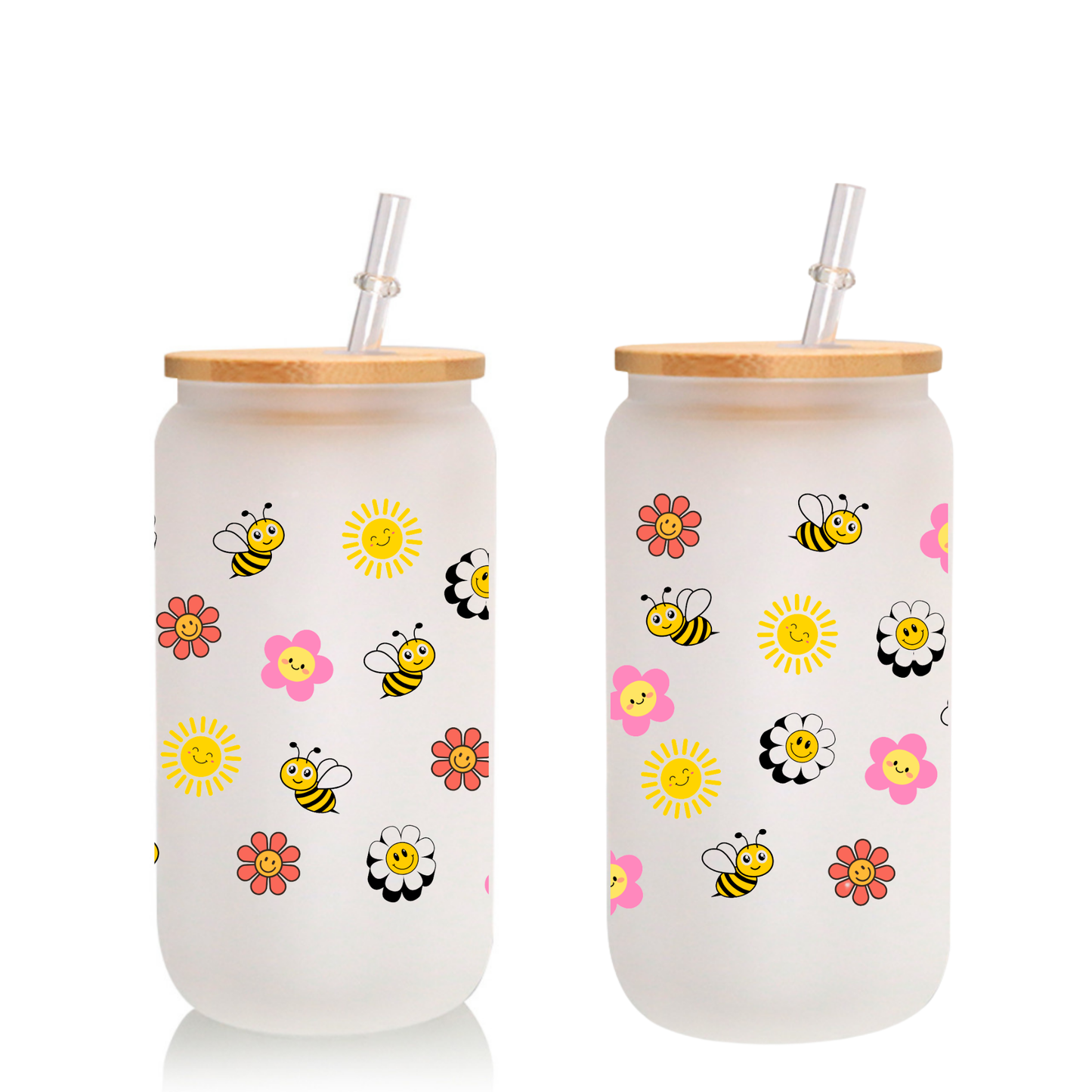 Flower & Bee Frosted Glass Cup – 16oz / 20oz – With Bamboo Lid & Glass Straw