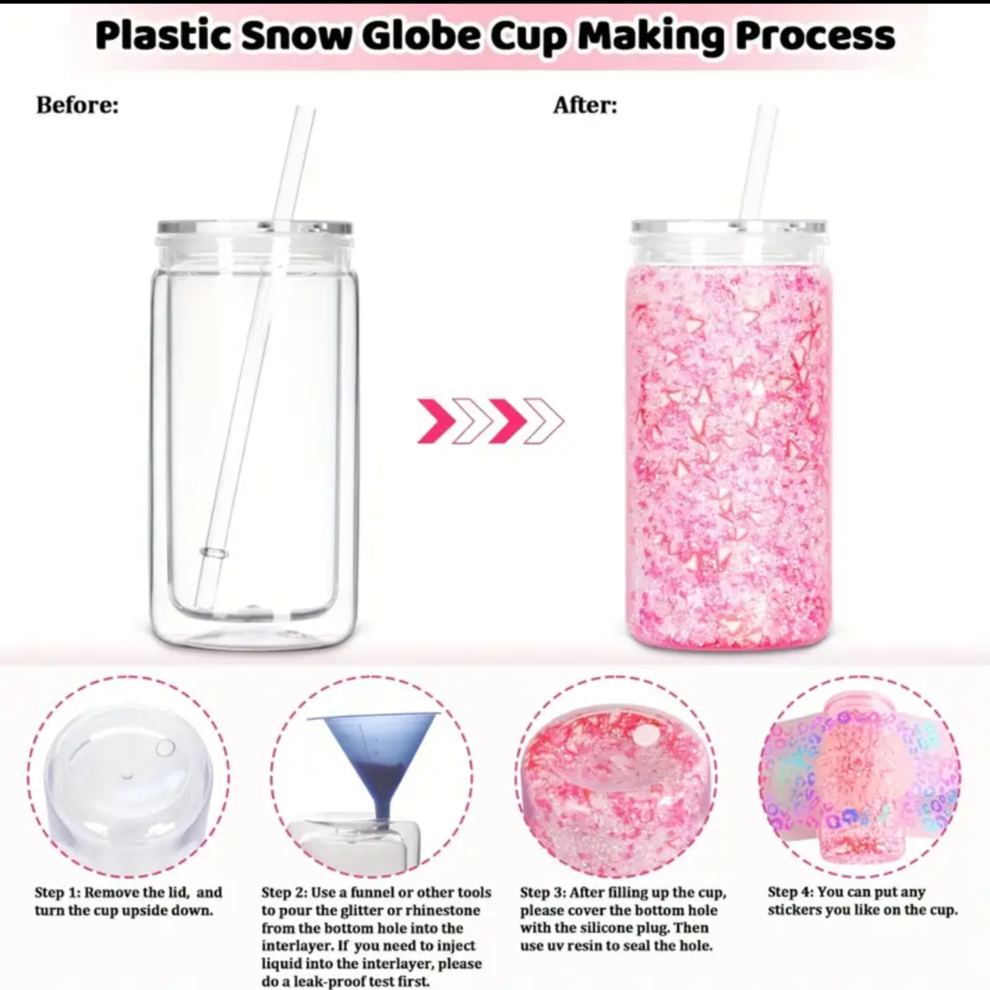 Set Of 5 Double Wall Snow Globe Tumbler Plastic Can Cup Lid Straw Glitter Shimmer Travel Mug