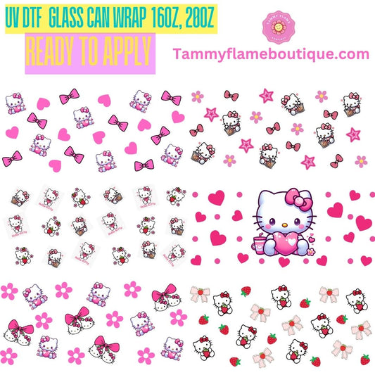 Cute UV DTF Glass Can Wrap Decal for 16oz 20oz – Ready to Apply – Strawberry, Cherry, Pink Bow & Kitty Designs