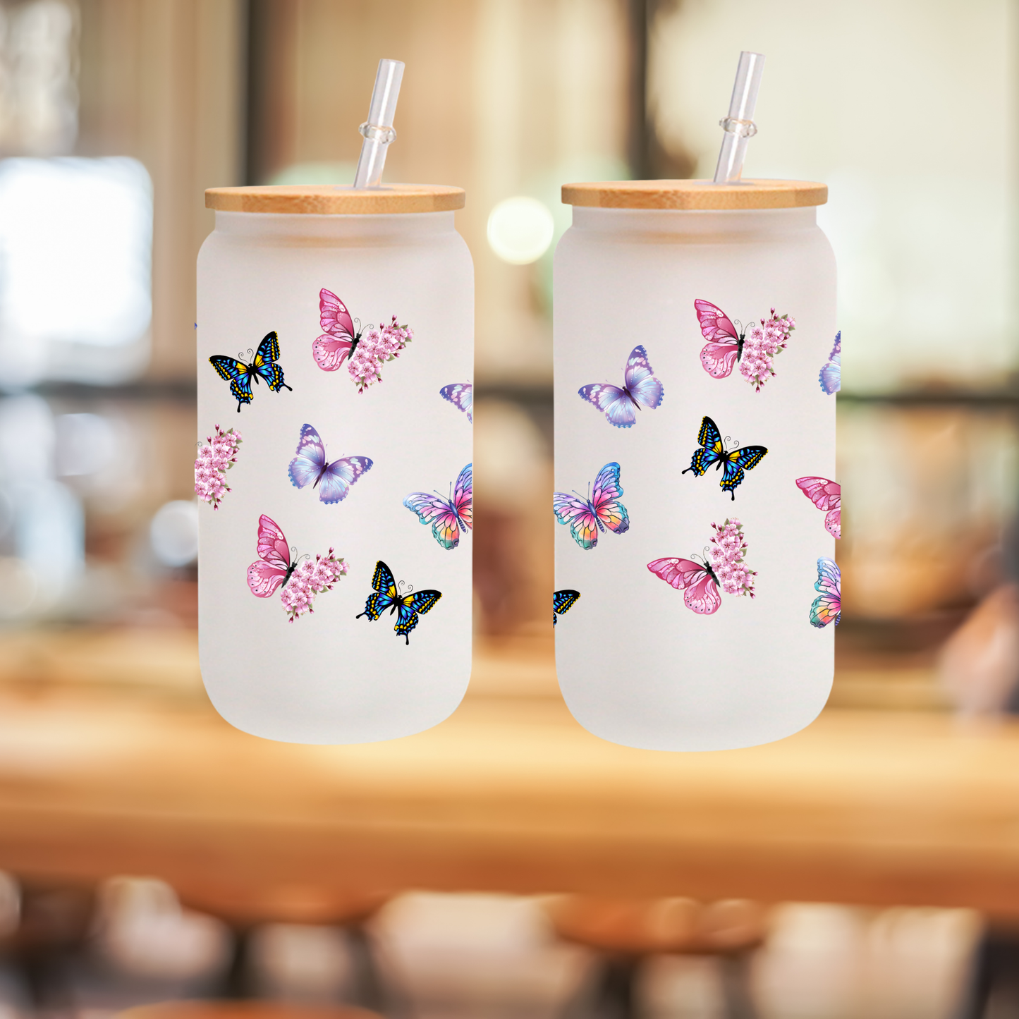 Butterfly Frosted Glass Cup – 16oz / 20oz – With Bamboo Lid & Glass Straw