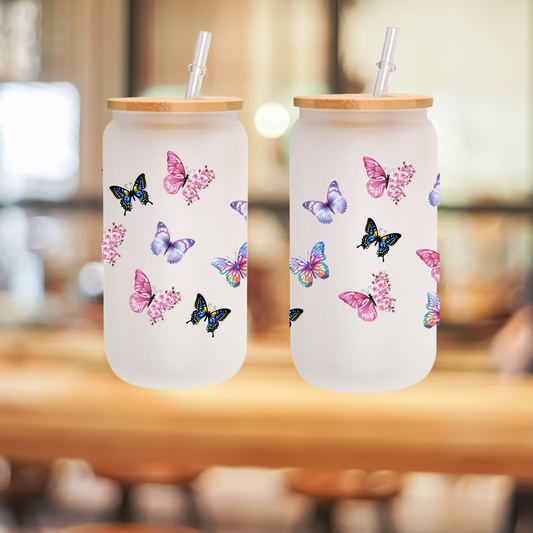 Butterfly Frosted Glass Cup – 16oz / 20oz – With Bamboo Lid & Glass Straw