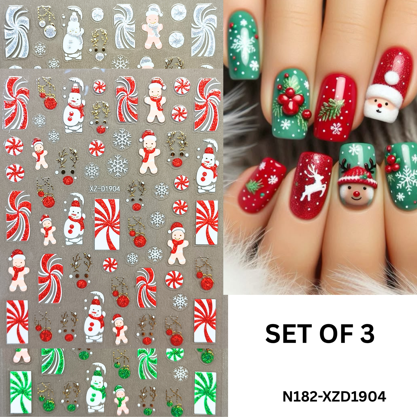 Christmas Reindeer & Candy Cane 3D Nail Decals – Holiday Nail Art Stickers