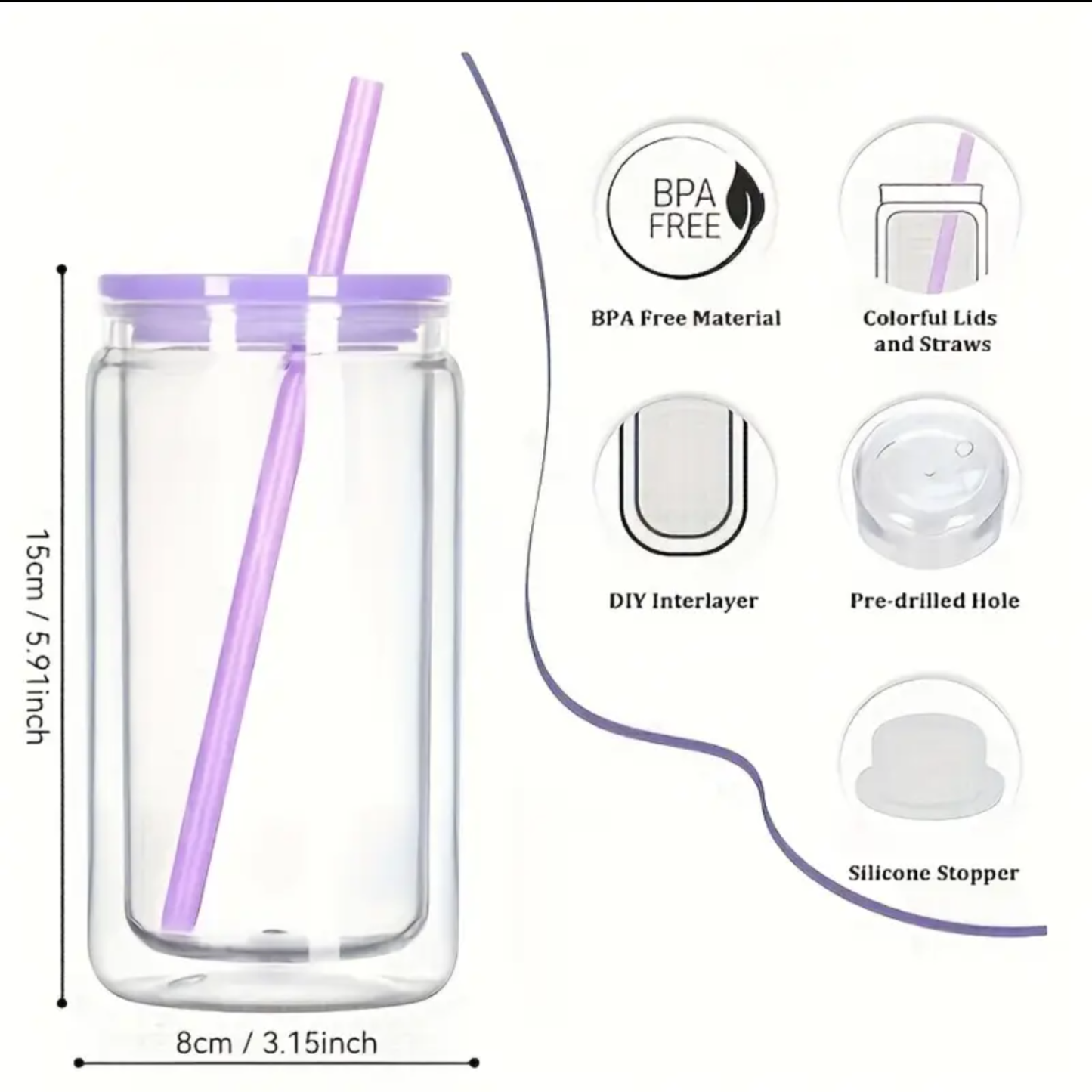 Double Wall Snow Globe Tumbler Glass Can Cup Lid Straw Glitter Shimmer Travel Mug Cold Drink