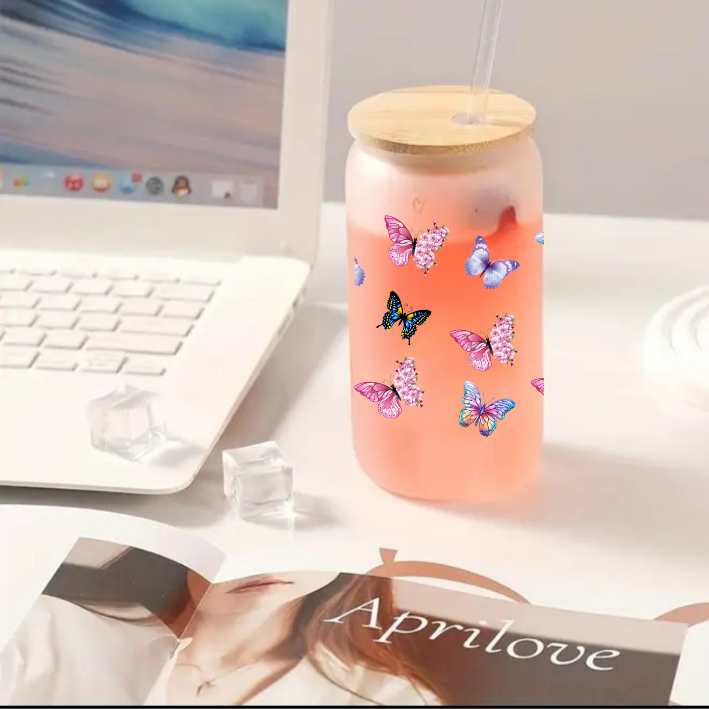 Butterfly Frosted Glass Cup – 16oz / 20oz – With Bamboo Lid & Glass Straw