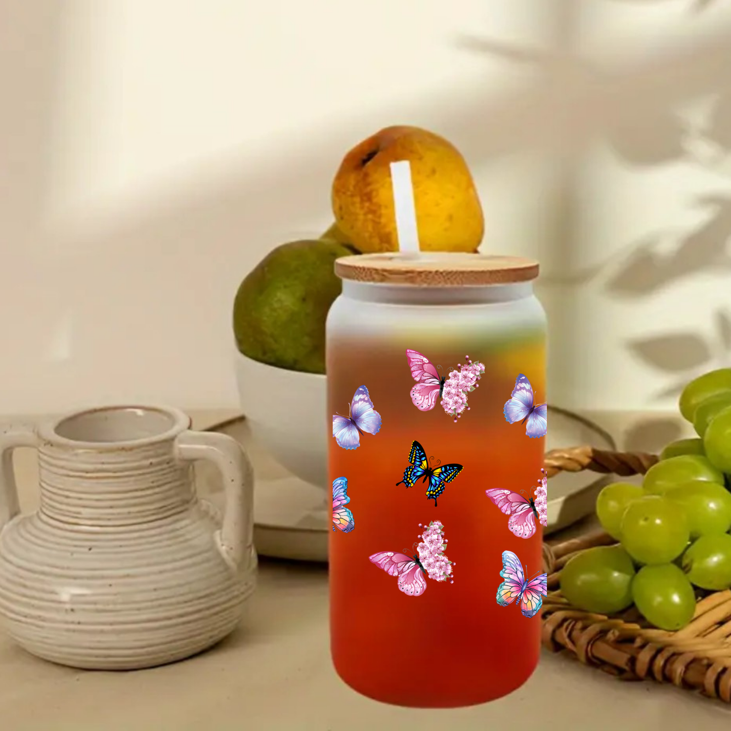 Butterfly Frosted Glass Cup – 16oz / 20oz – With Bamboo Lid & Glass Straw