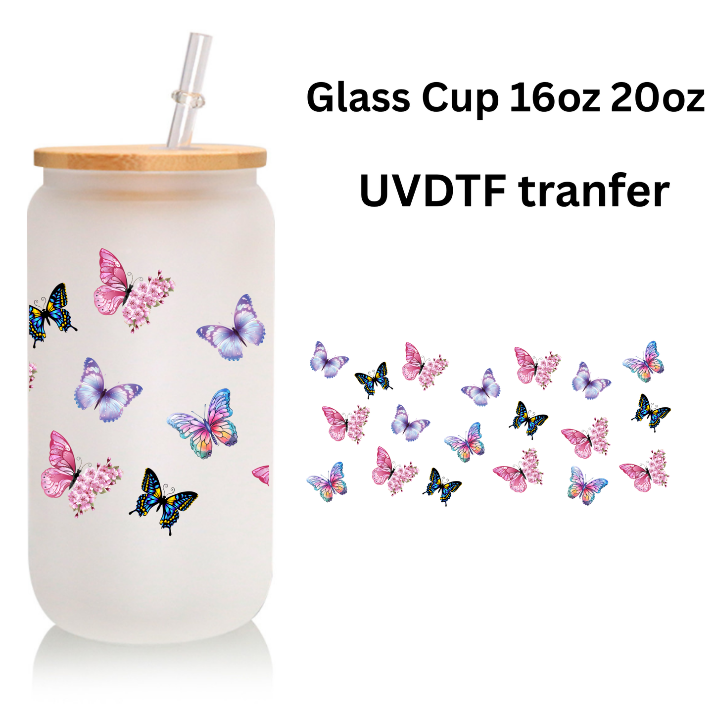 Butterfly Frosted Glass Cup – 16oz / 20oz – With Bamboo Lid & Glass Straw