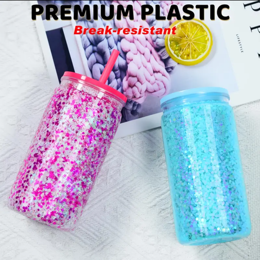 SET OF 10 Double Wall Plastic Can Cup Tumbler Bulk Set Blank Snow Globe Color Lid Straw