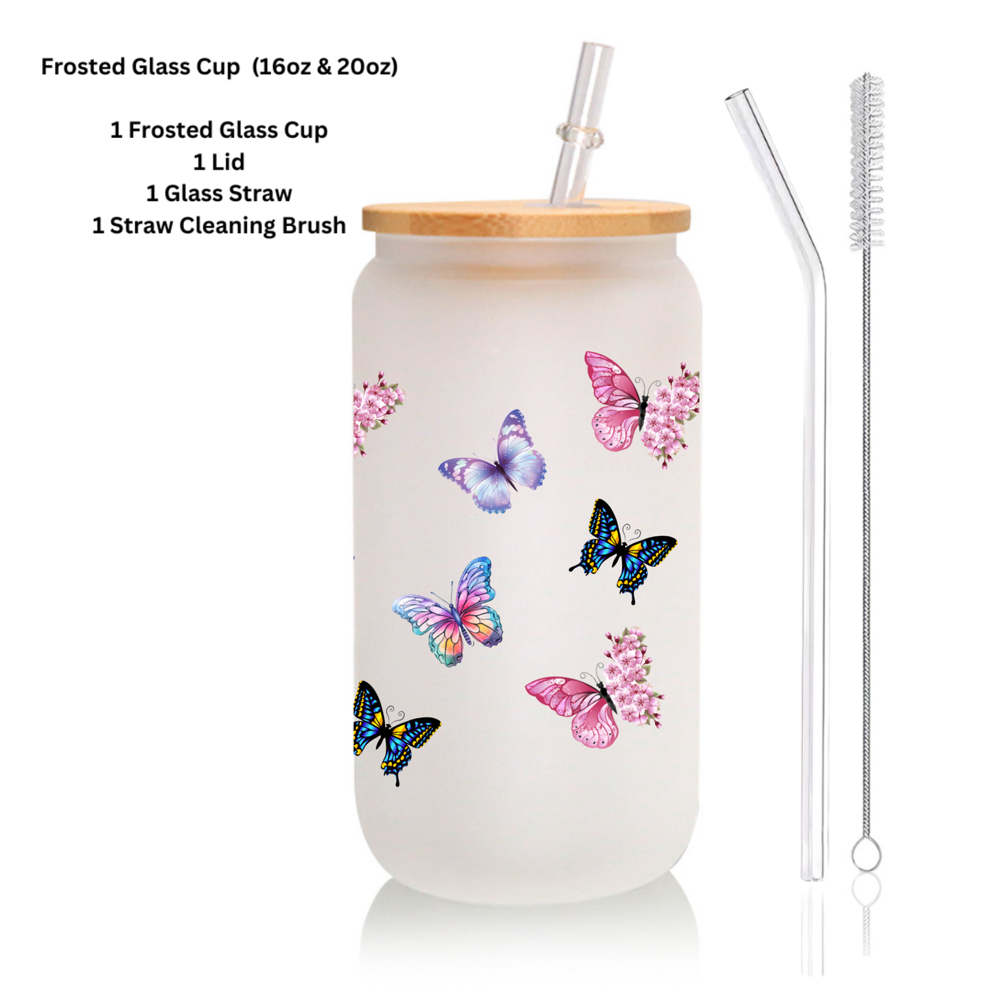 Butterfly Frosted Glass Cup – 16oz / 20oz – With Bamboo Lid & Glass Straw