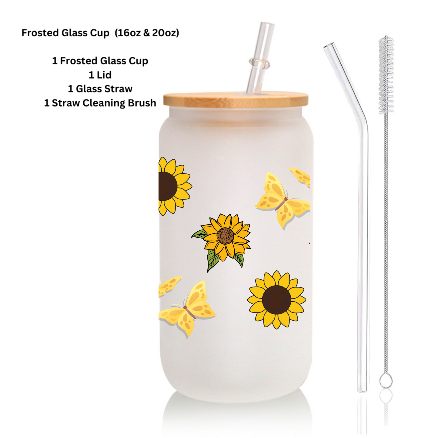 Sunflower & Butterfly Frosted Glass Can with Bamboo Lid and Straw – 16oz/20oz