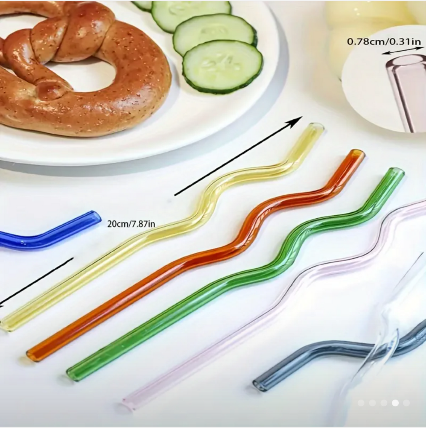 4pcs Wavy Glass Straws, Reusable Colorful Glass Straws, with 1 Cleaning Brush