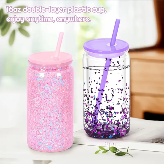 Set Of 5 Double Wall Snow Globe Tumbler Plastic Can Cup Lid Straw Glitter Shimmer Travel Mug