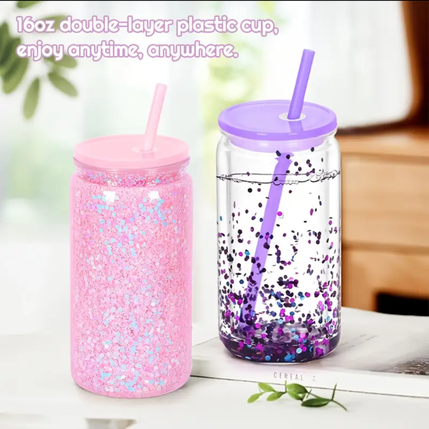 Double Wall Snow Globe Tumbler Glass Can Cup Lid Straw Glitter Shimmer Travel Mug Cold Drink