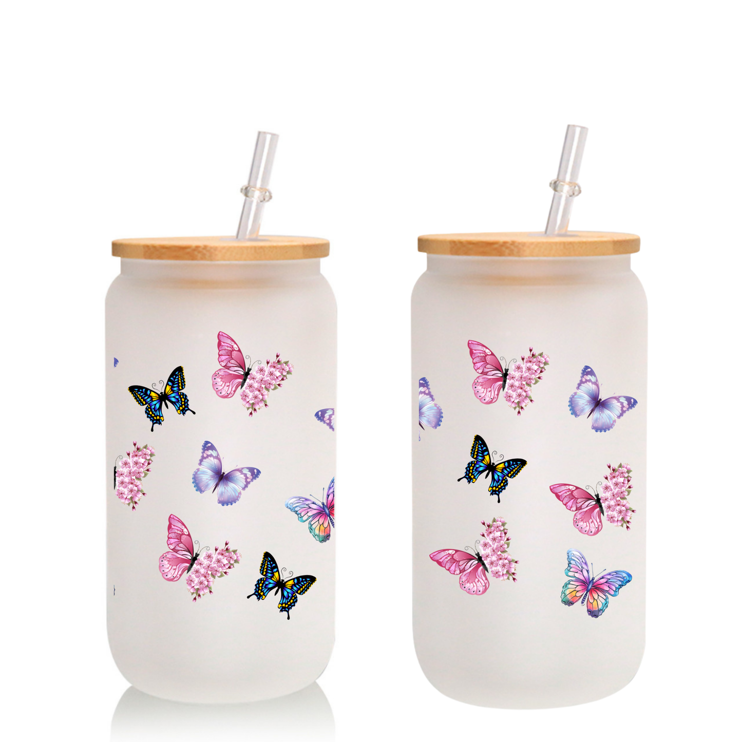 Butterfly Frosted Glass Cup – 16oz / 20oz – With Bamboo Lid & Glass Straw