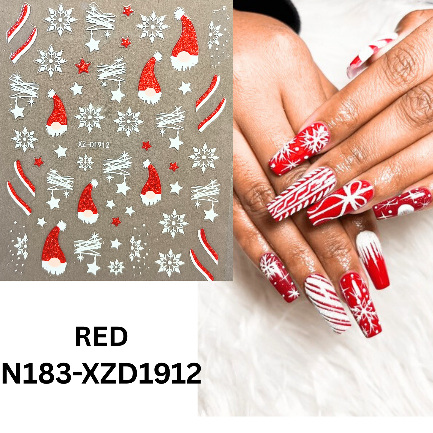 Set of 12 Christmas 3D Nail Decals – Holiday Reindeer, Candy Cane, Santa & Snowflake Designs