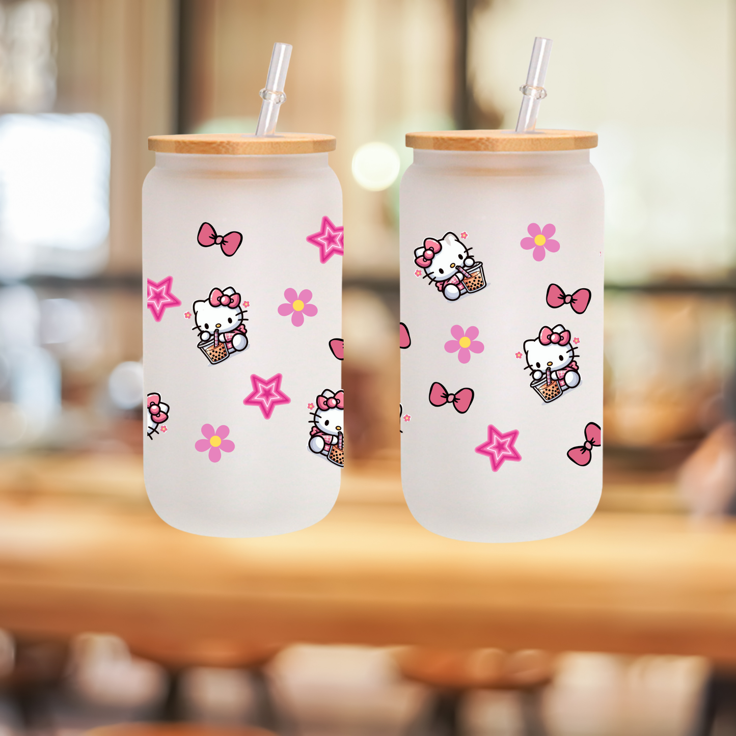 Kitty & Floral Frosted Glass Cup – 16oz / 20oz – With Bamboo Lid & Glass Straw