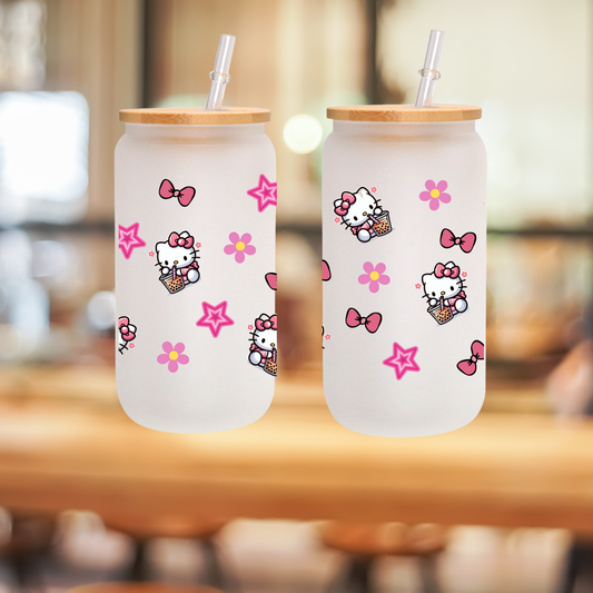 Kitty & Floral Frosted Glass Cup – 16oz / 20oz – With Bamboo Lid & Glass Straw