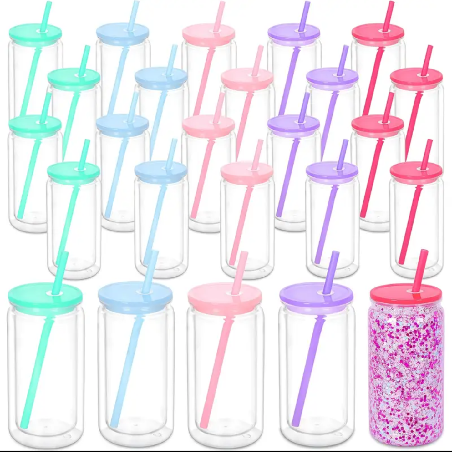 SET OF 10 Double Wall Plastic Can Cup Tumbler Bulk Set Blank Snow Globe Color Lid Straw