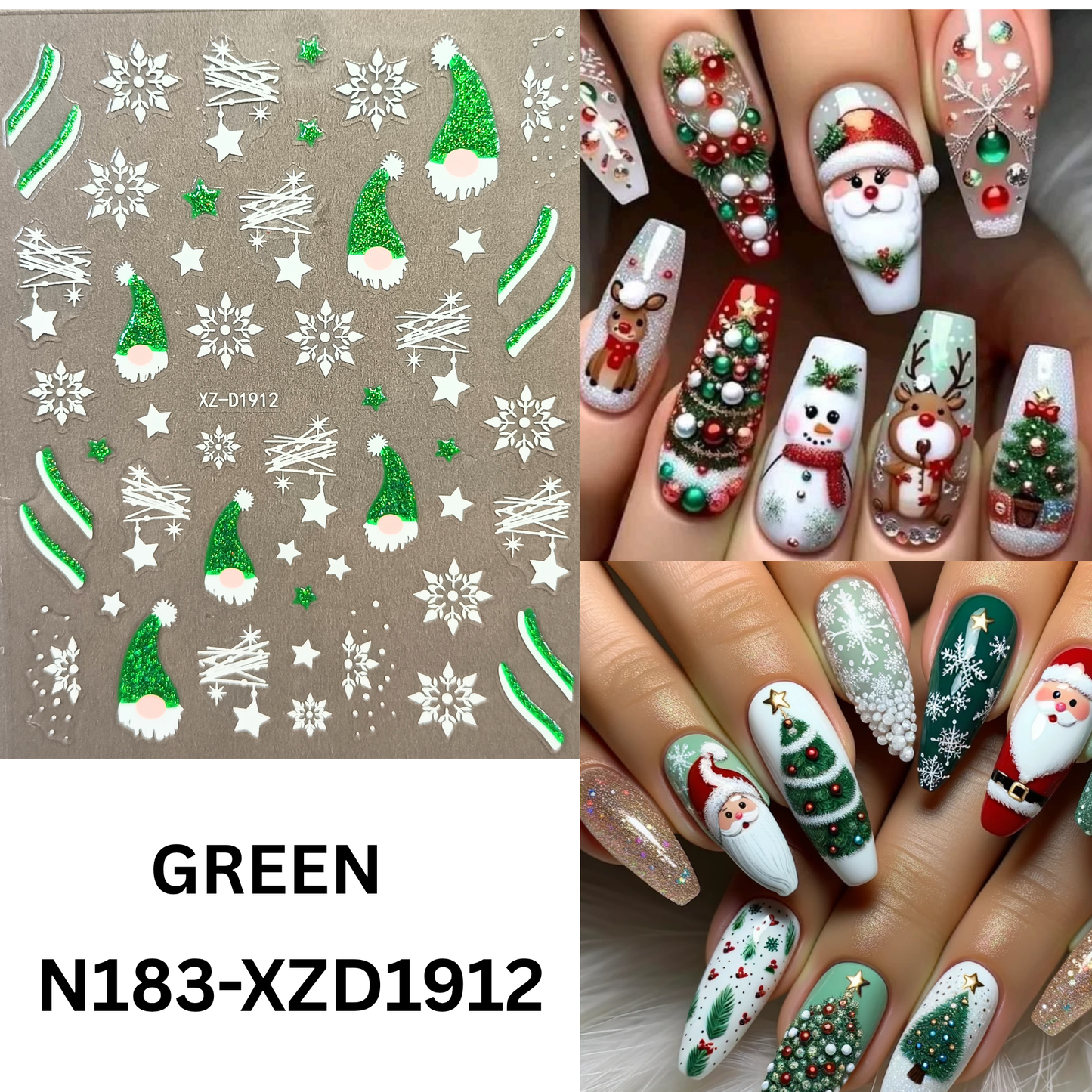 12pcs 3D Christmas Nail Decals – Santa, Snowman & Holiday Candy Design