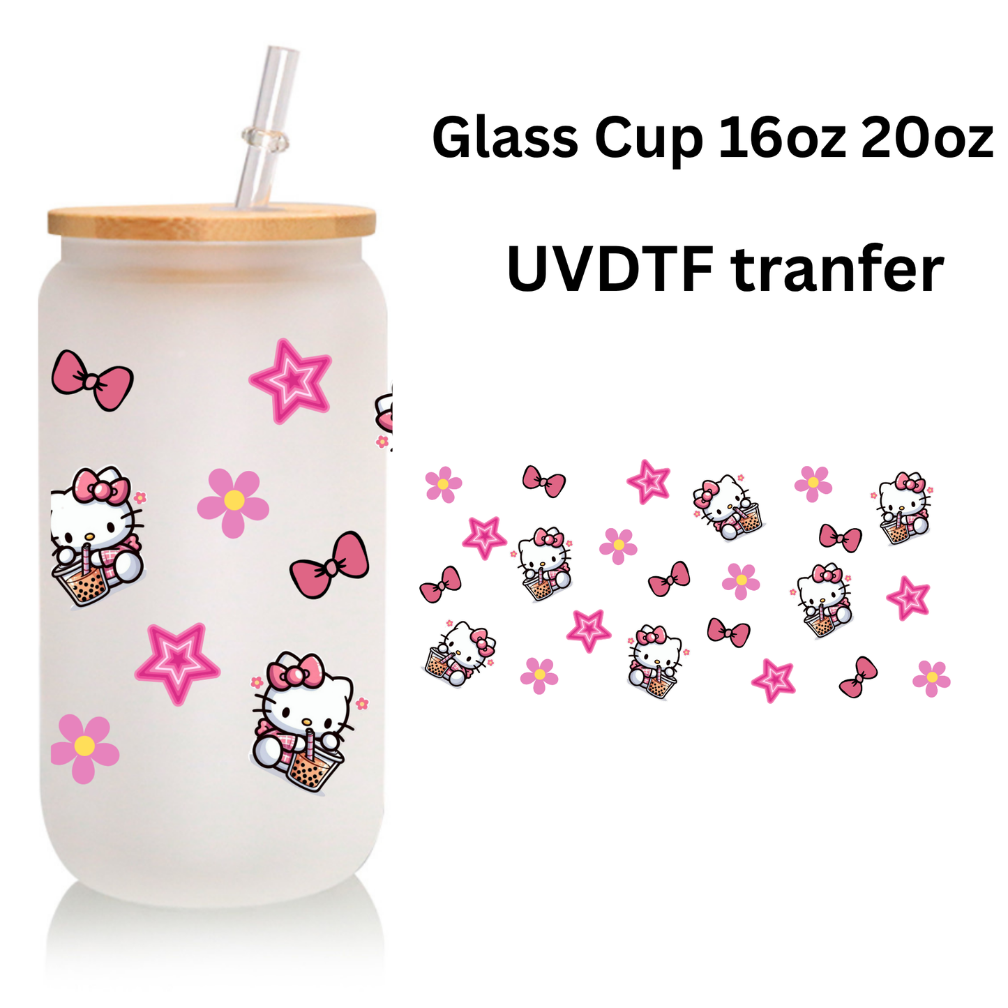 Kitty & Floral Frosted Glass Cup – 16oz / 20oz – With Bamboo Lid & Glass Straw