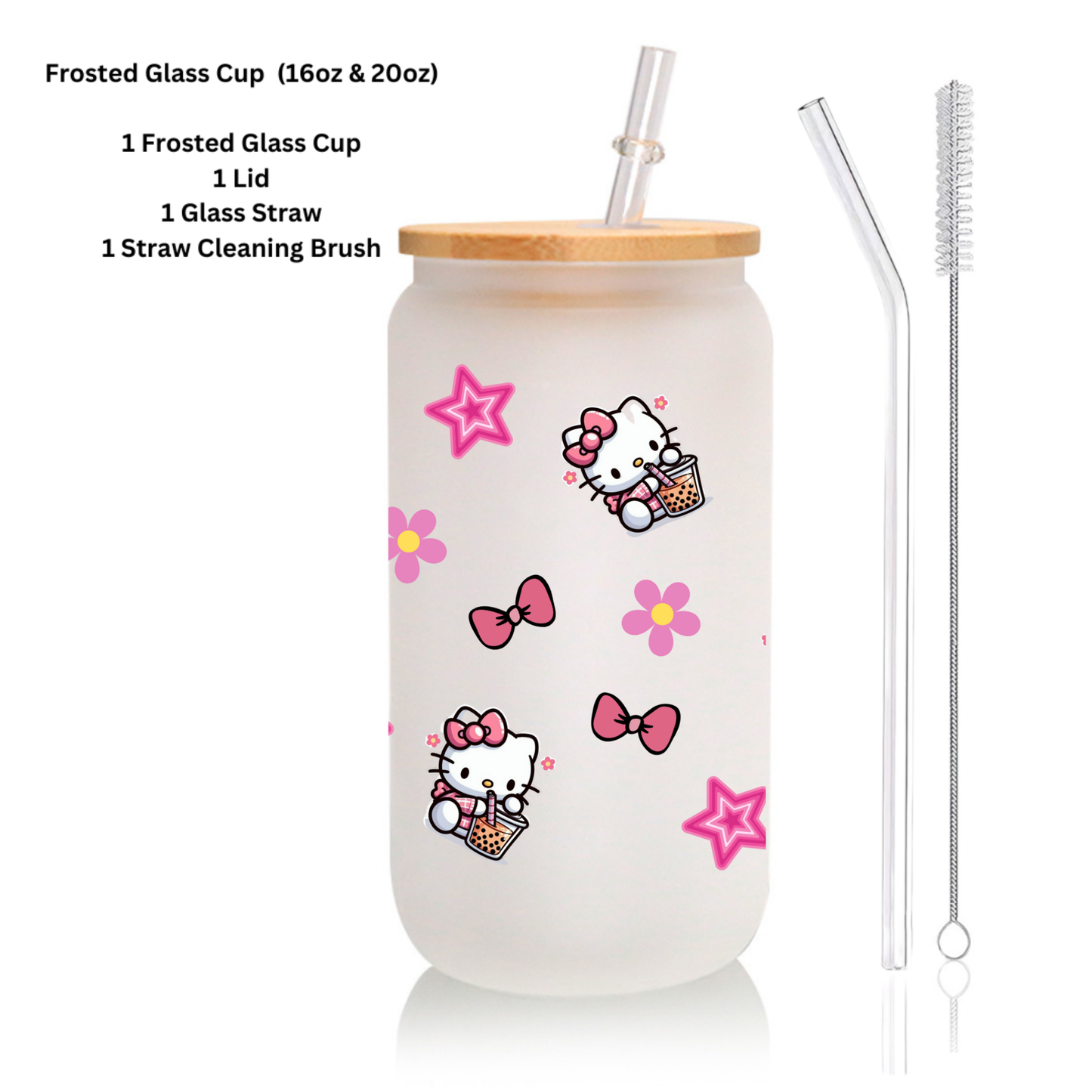 Kitty & Floral Frosted Glass Cup – 16oz / 20oz – With Bamboo Lid & Glass Straw