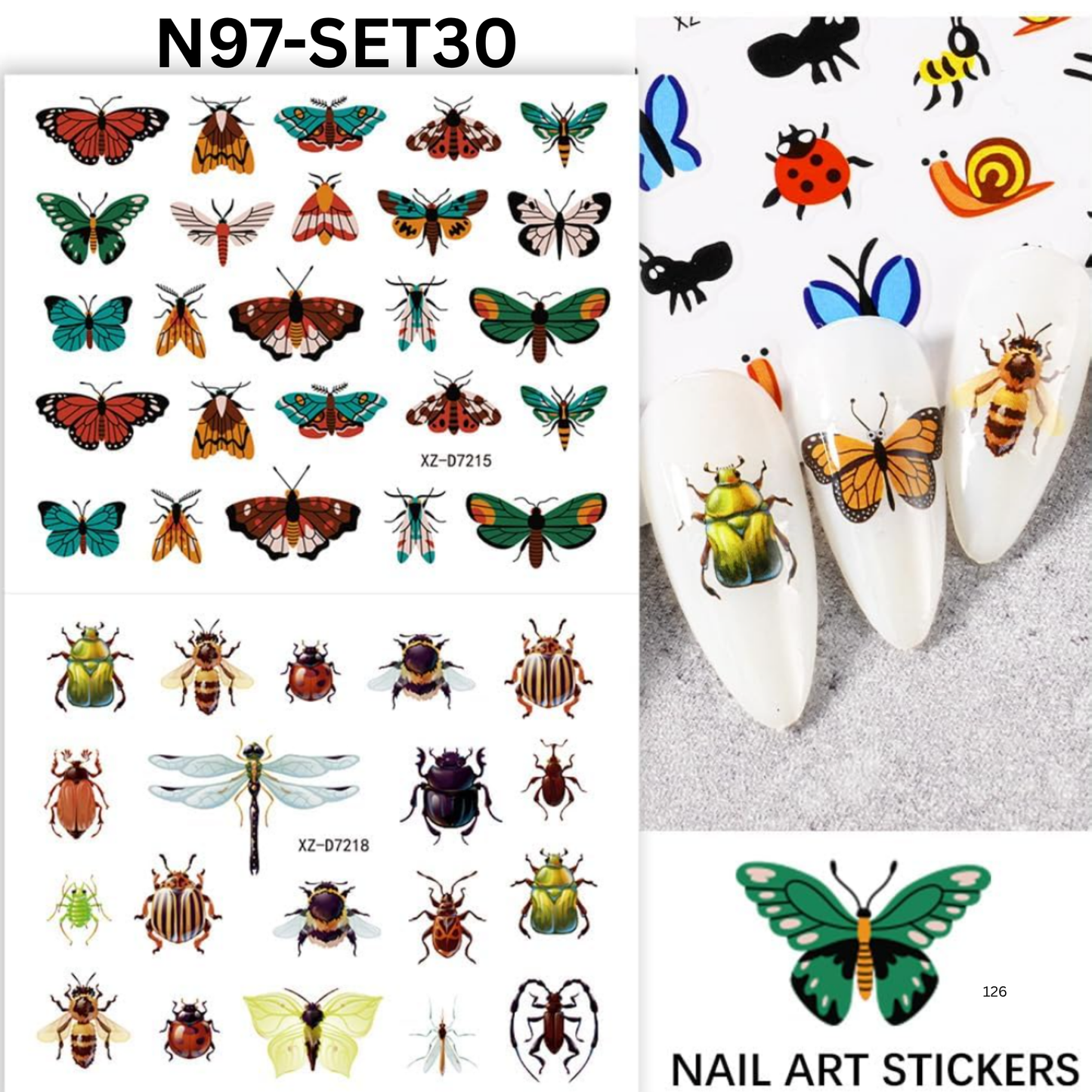 30 Sheets Butterfly Nail Art Stickers Decals 3D Self-Adhesive Summer Small Insects Nail Decal Nail Art