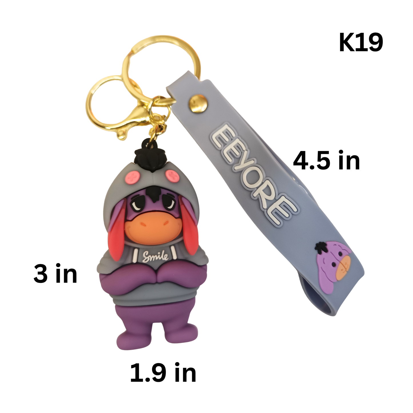 Cute Grey Donkey Rubber Keychain Hoodie Figure Wrist Strap Bag Charm Key Ring