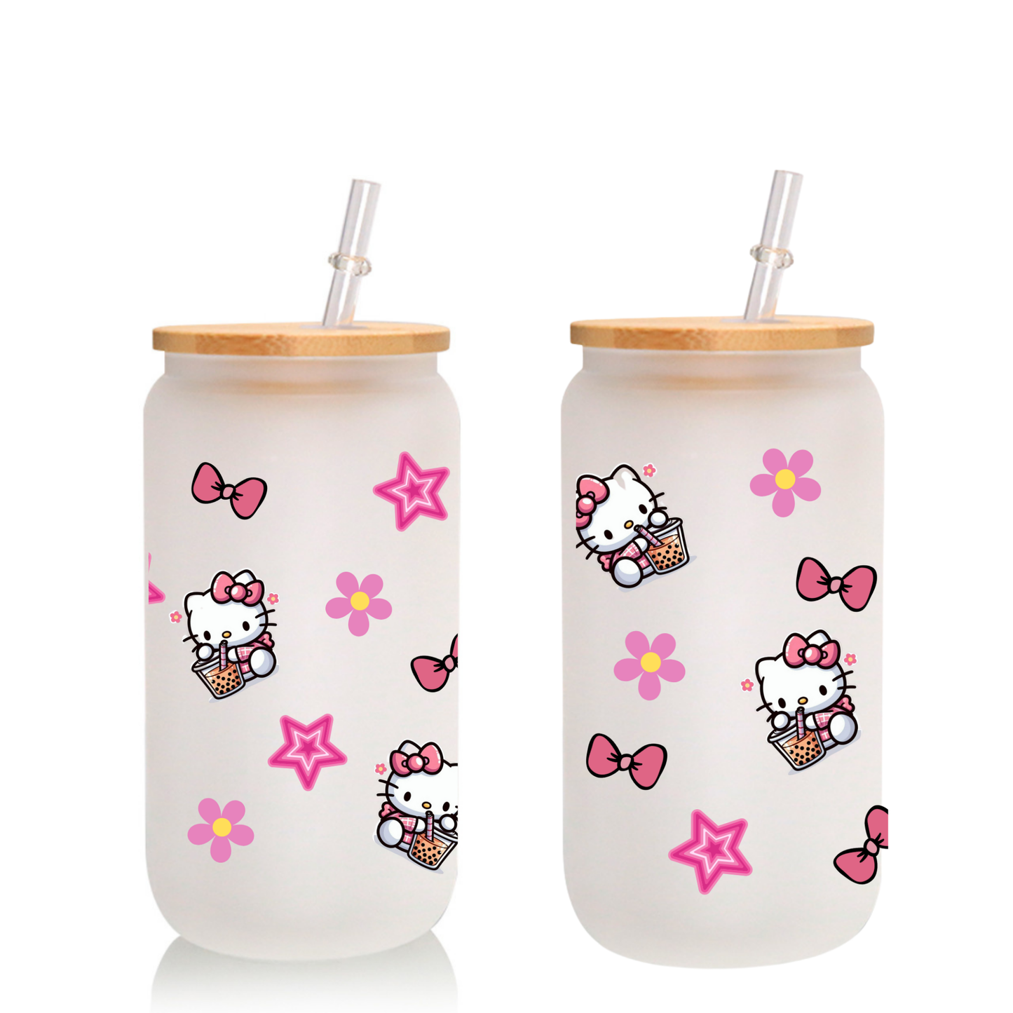 Kitty & Floral Frosted Glass Cup – 16oz / 20oz – With Bamboo Lid & Glass Straw
