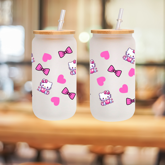 Kitty & Heart Frosted Glass Cup – 16oz / 20oz – With Bamboo Lid & Glass Straw