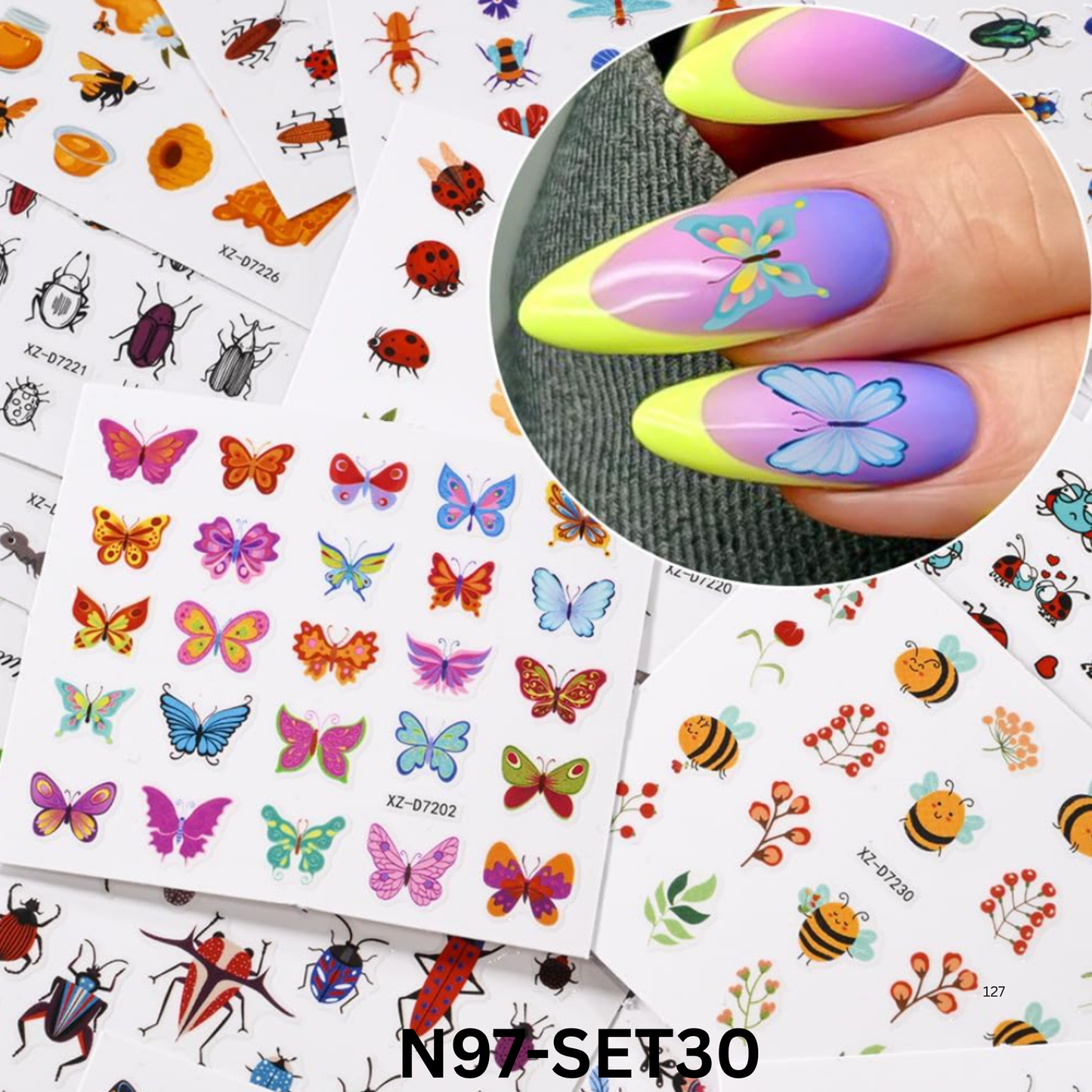 30 Sheets Butterfly Nail Art Stickers Decals 3D Self-Adhesive Summer Small Insects Nail Decal Nail Art