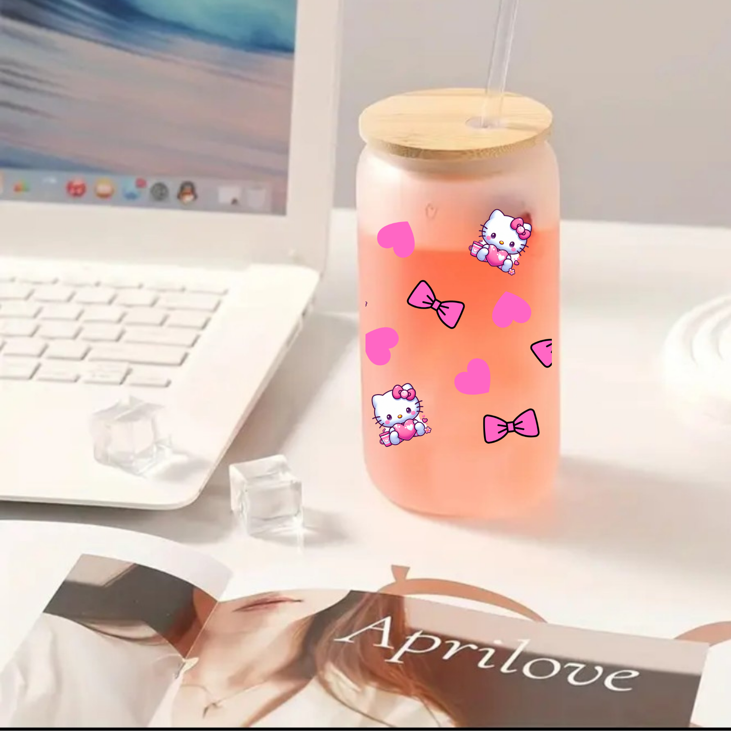 Kitty & Heart Frosted Glass Cup – 16oz / 20oz – With Bamboo Lid & Glass Straw