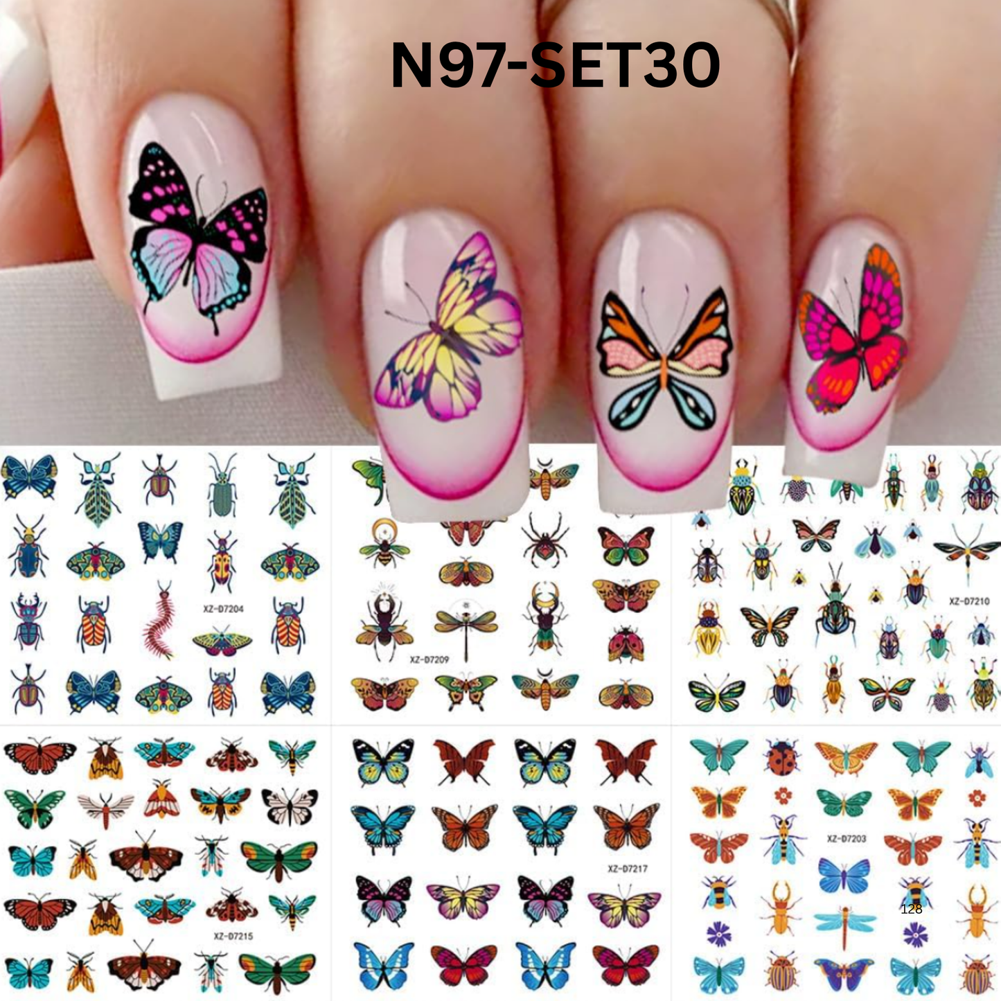 30 Sheets Butterfly Nail Art Stickers Decals 3D Self-Adhesive Summer Small Insects Nail Decal Nail Art