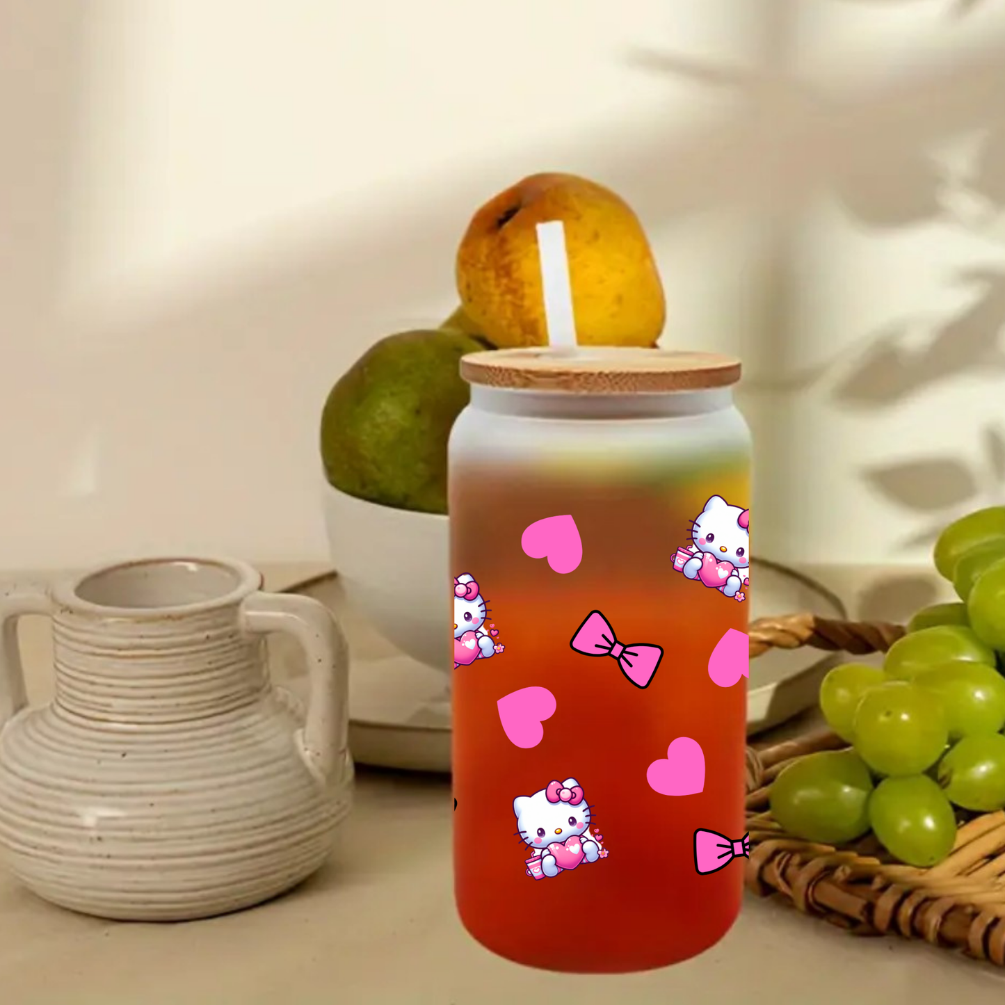 Kitty & Heart Frosted Glass Cup – 16oz / 20oz – With Bamboo Lid & Glass Straw