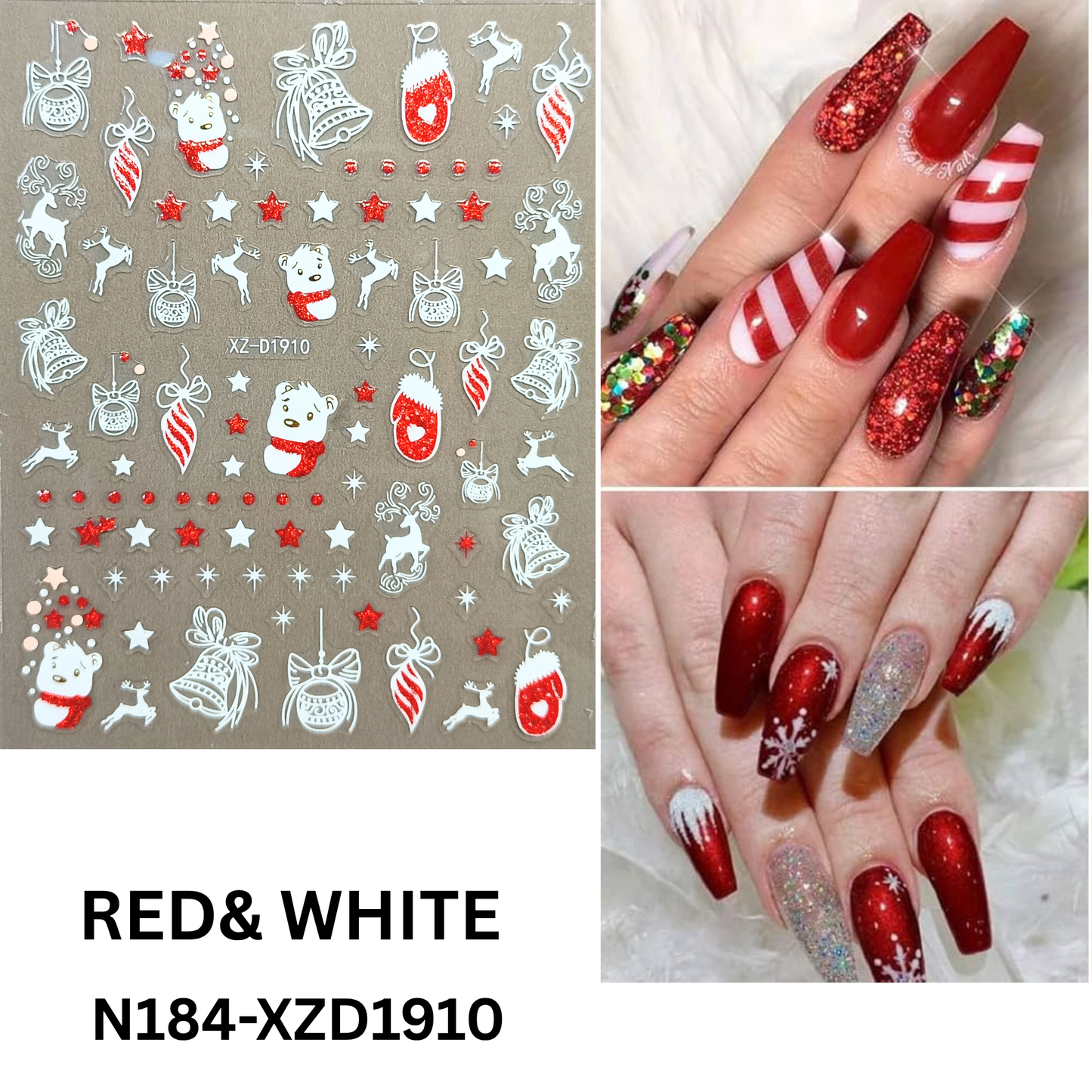 Set of 12 Christmas 3D Nail Decals – Holiday Reindeer, Candy Cane, Santa & Snowflake Designs
