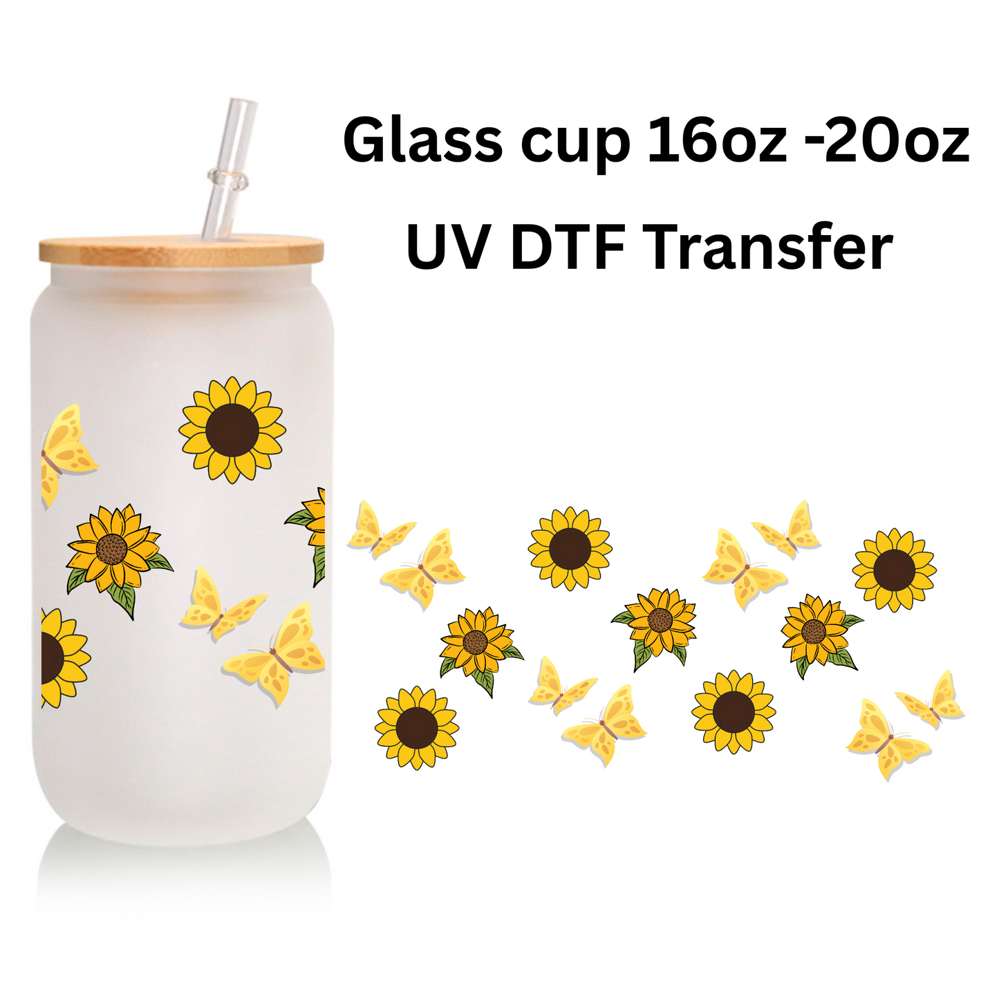 Sunflower & Butterfly Frosted Glass Can with Bamboo Lid and Straw – 16oz/20oz
