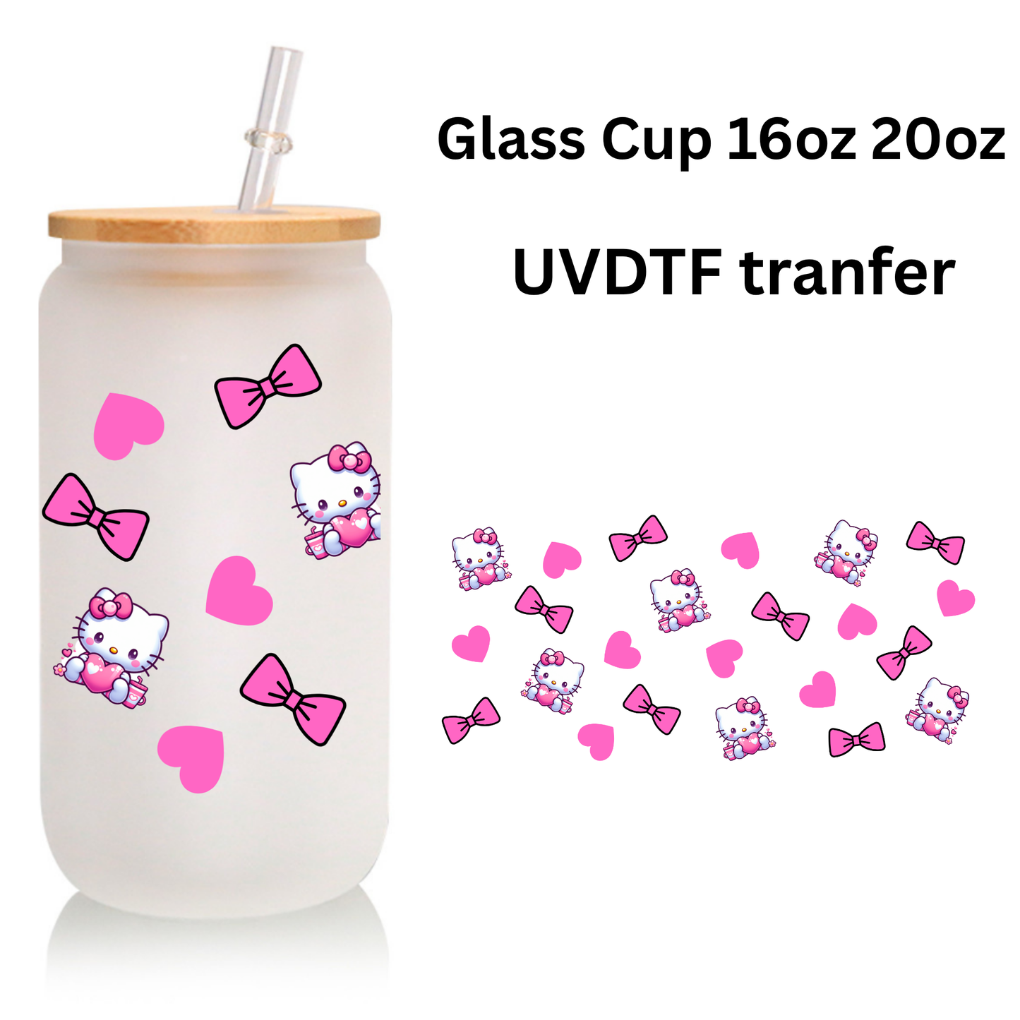 Kitty & Heart Frosted Glass Cup – 16oz / 20oz – With Bamboo Lid & Glass Straw