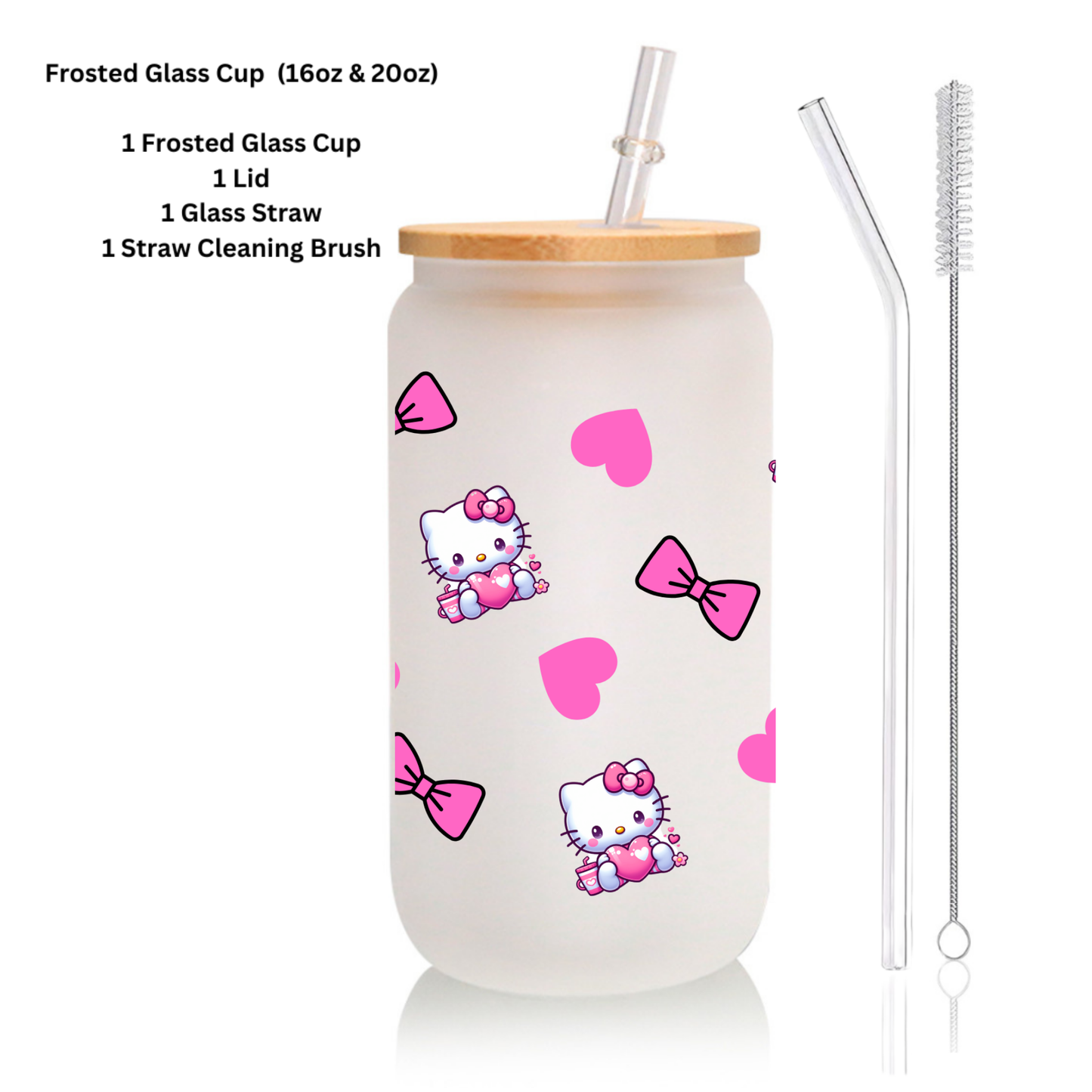 Kitty & Heart Frosted Glass Cup – 16oz / 20oz – With Bamboo Lid & Glass Straw