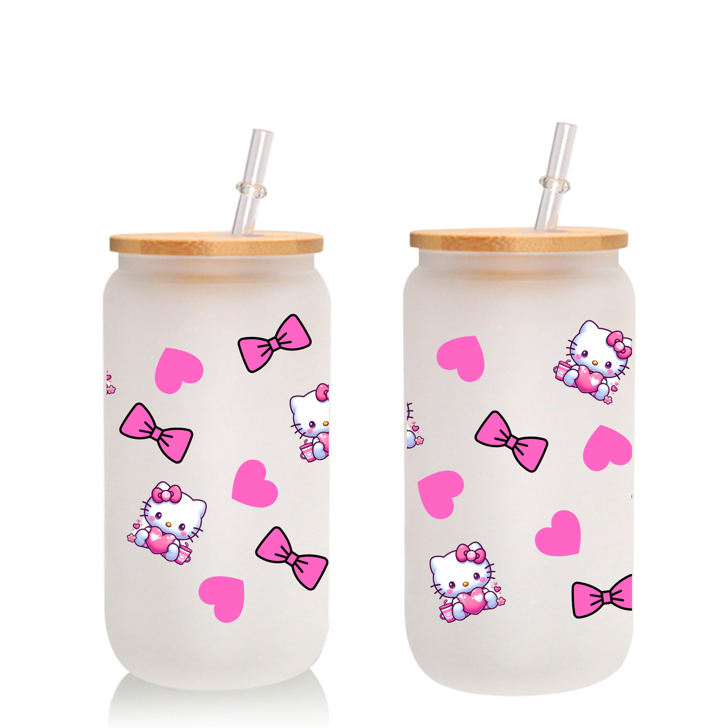 Kitty & Heart Frosted Glass Cup – 16oz / 20oz – With Bamboo Lid & Glass Straw