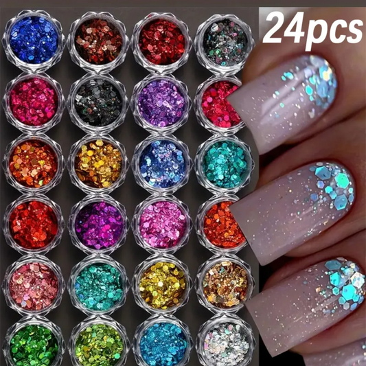 24 Colors Glitter Nail Art Sequins Set – Holographic Chunky Glitter Powder for Nails, Crafts & DIY